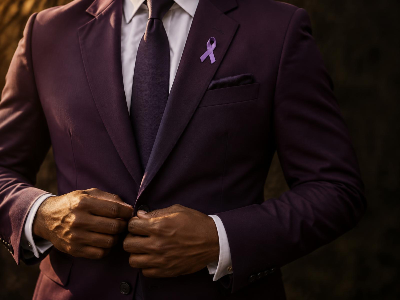 Man buttoning a purple blazer with a purple ribbon pin